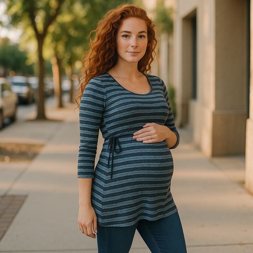 Oh‎ Baby Motherhood Maternity Sweater Size Medium Blue Striped Sheer Womens NEW